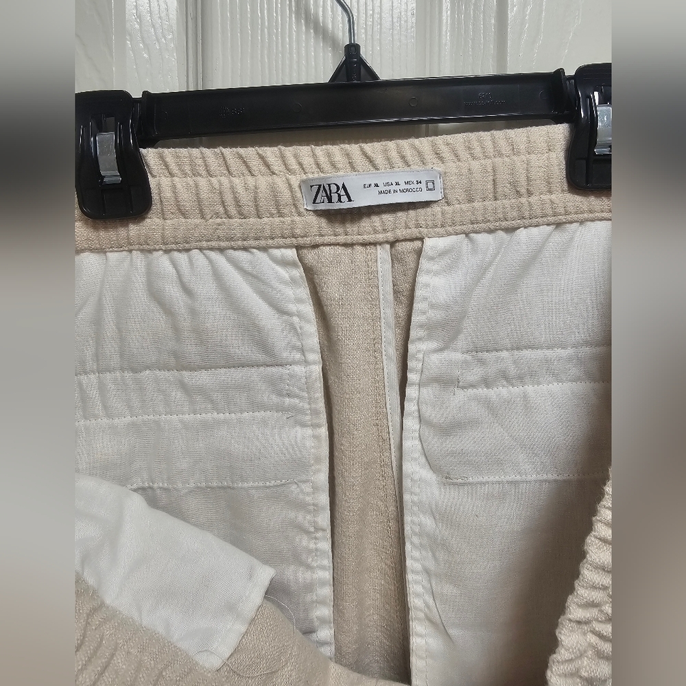 Zara Ivory Relaxed Cotton Pants Size XL Beige Drawstring Waist Casual Pockets - Picture 4 of 10